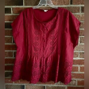SUNDANCE Art of Eyelet COTTON short sleeve button top BRICK RED size XL